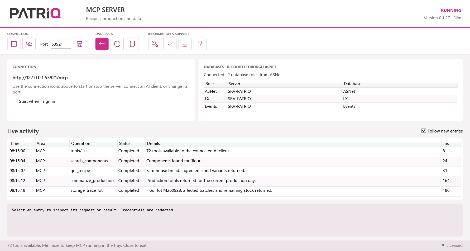 Patriq MCP Server mit Verbindungsstatus und Live-Protokoll der Aufrufe