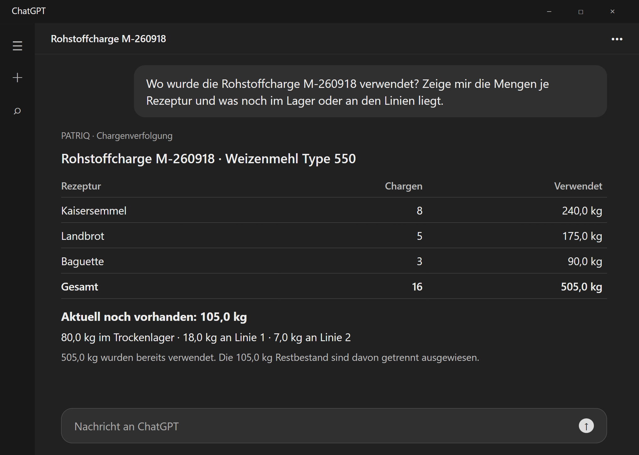 Beispieldialog zur aufgezeichneten Verwendung einer Rohstoffcharge und zu ihren Restbeständen